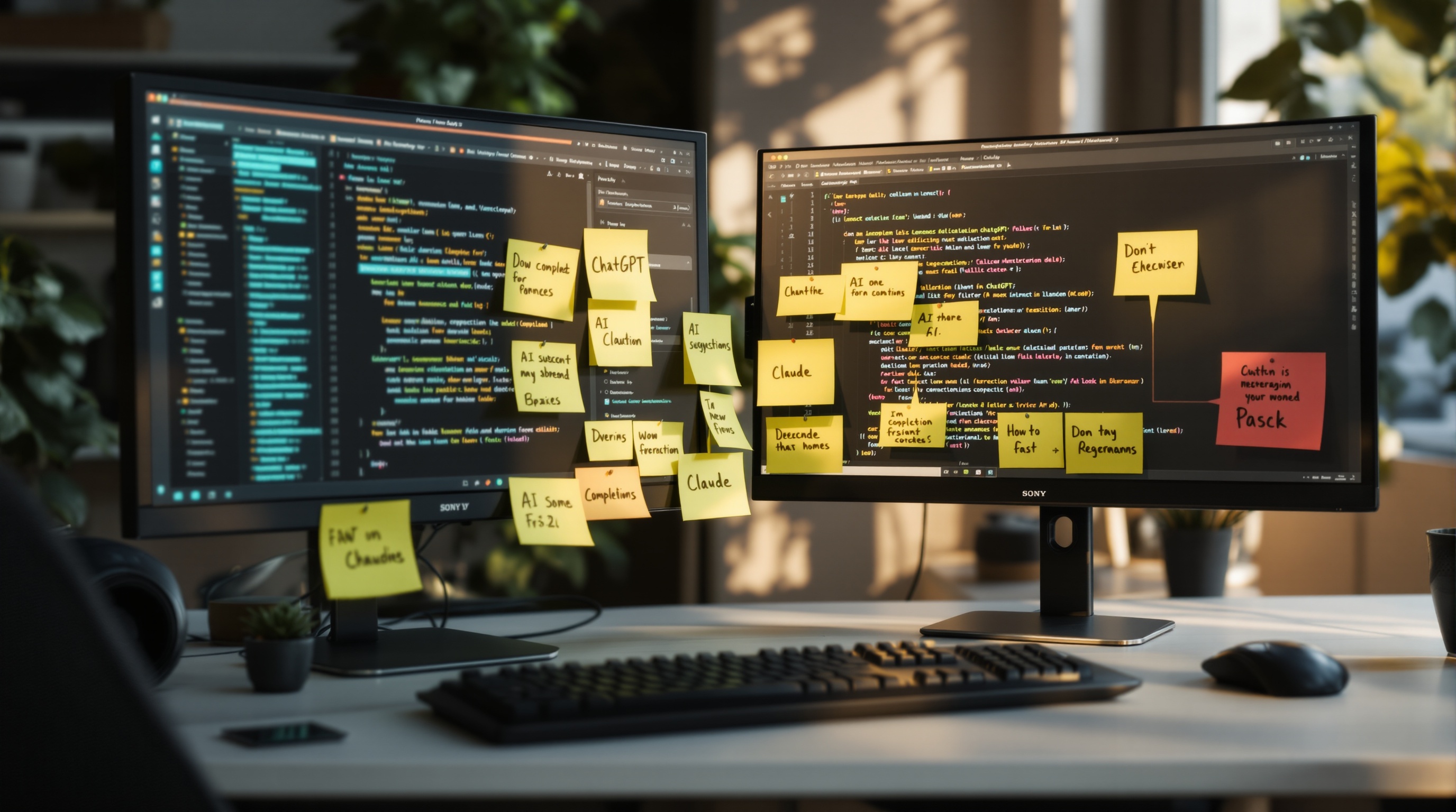 Comparing coding output from different AI assistants on dual monitors.