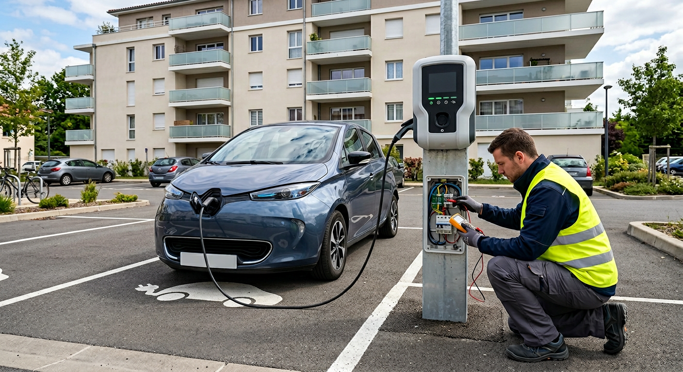 Borne de recharge électrique IRVE en fonctionnement dans un parking de copropriété avec un installateur vérifiant le raccordement.