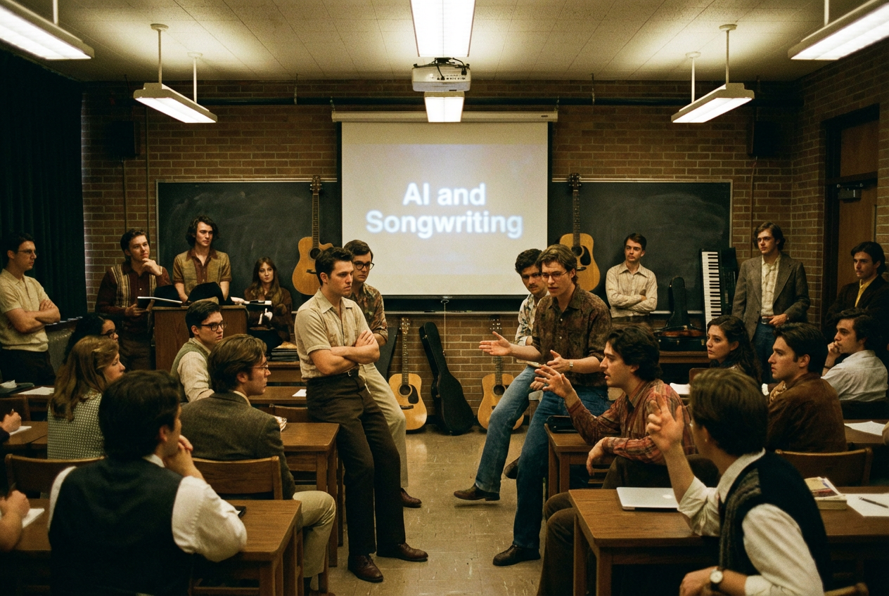 alt text for accessibility: Music students at Berklee College of Music debating AI at a packed classroom meeting