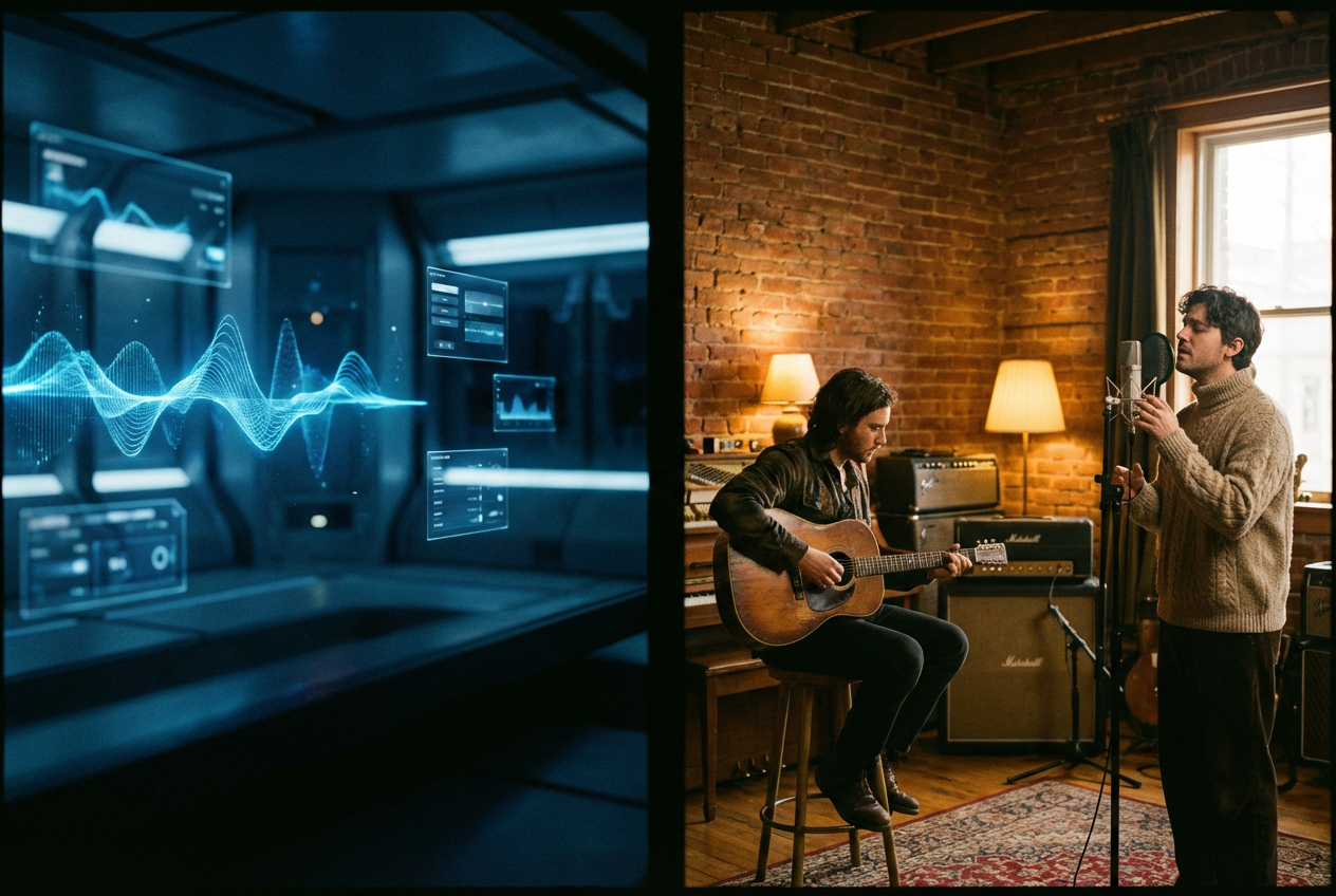 alt text for accessibility: A split scene showing an AI-generated music studio on one side and a traditional recording session on the other