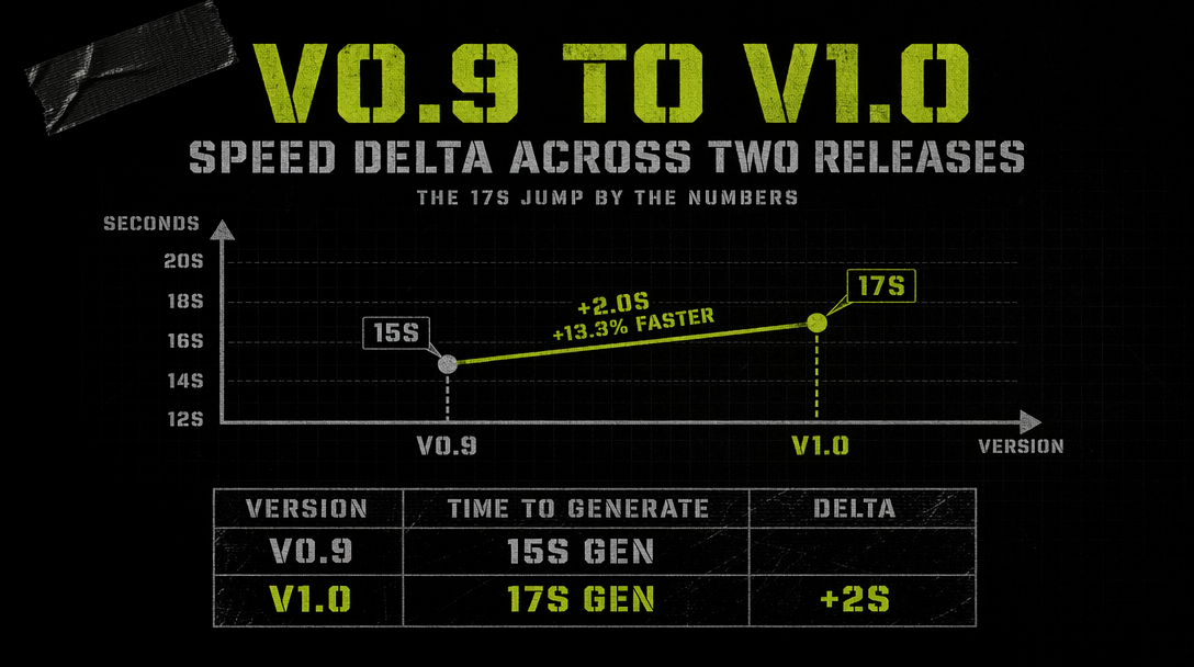 A speedometer graphic split down the middle, left half labeled v0.9 and right half labeled v1.0