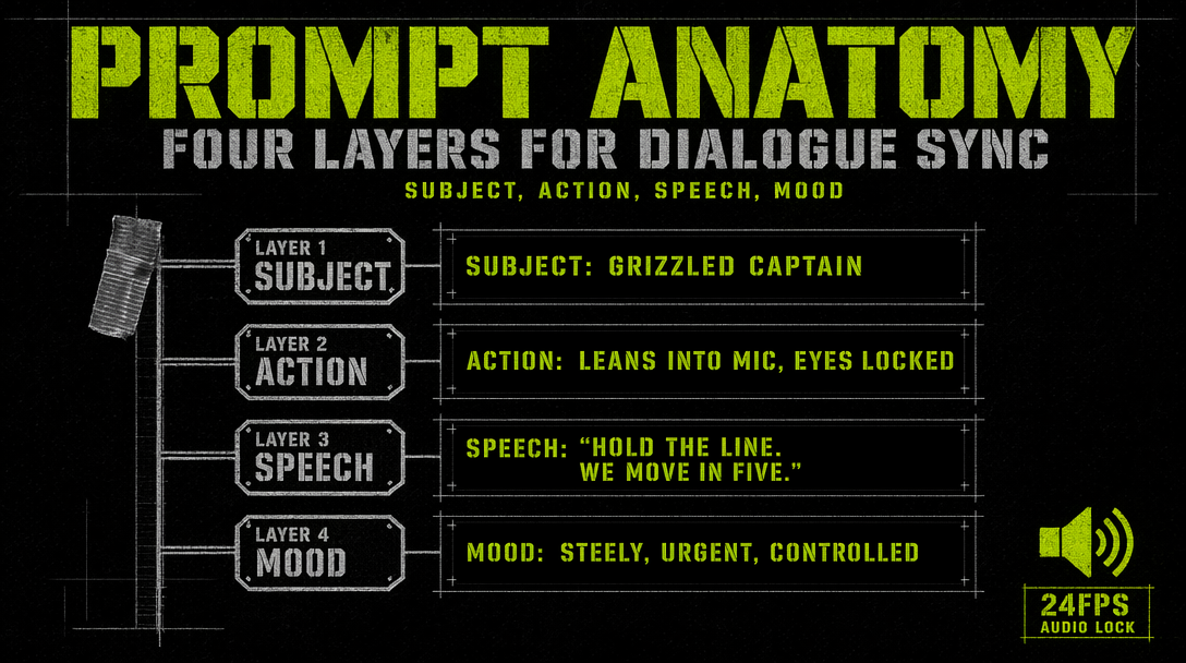 A script page with five labeled sections titled speaker, line, emotion, shot, and audio