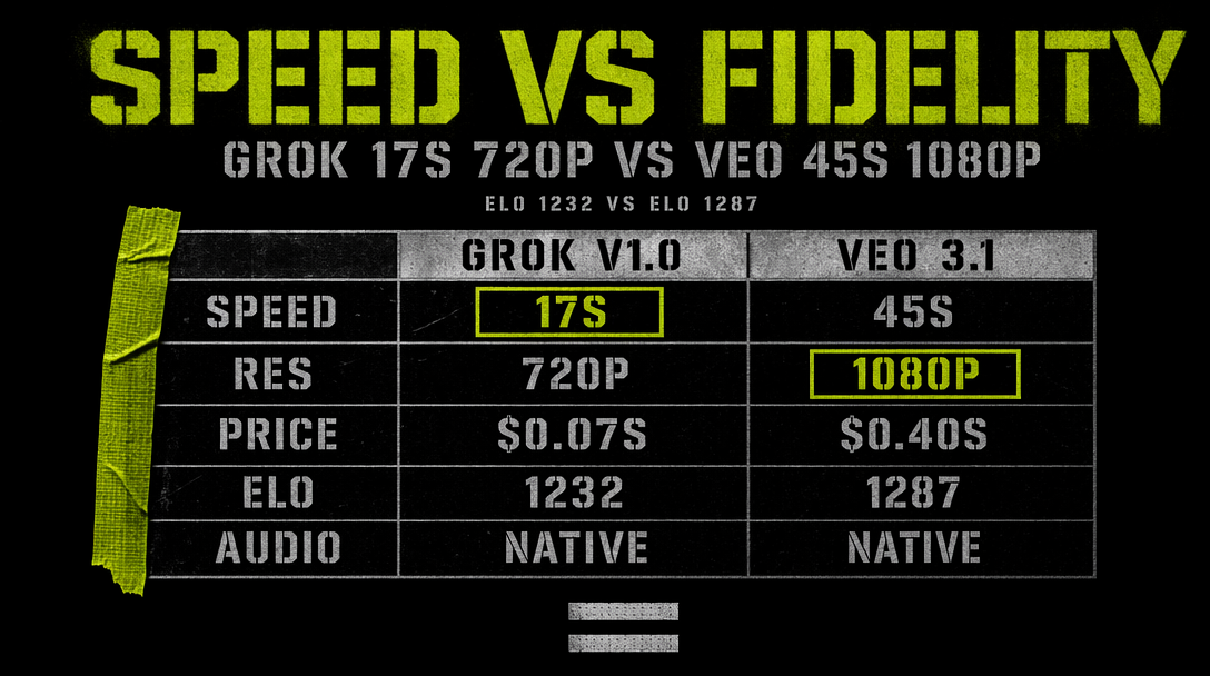 A split screen showing two video thumbnails side by side, left labeled Grok Imagine 720p, right labeled Veo 3.1 1080p