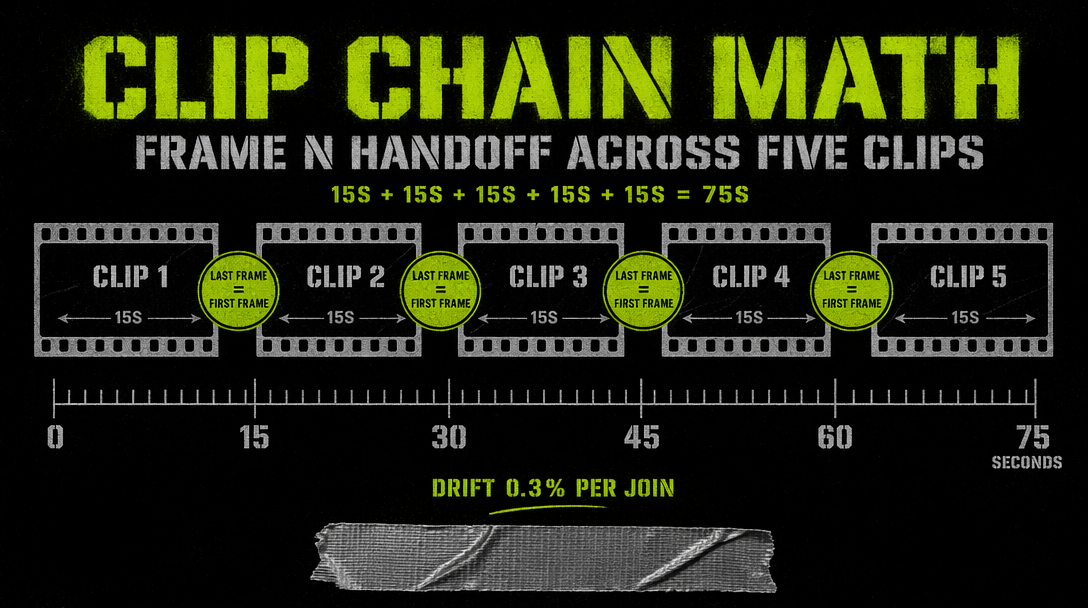 A filmstrip showing three consecutive clips connected at their frame edges with arrows indicating last-to-first frame handoff