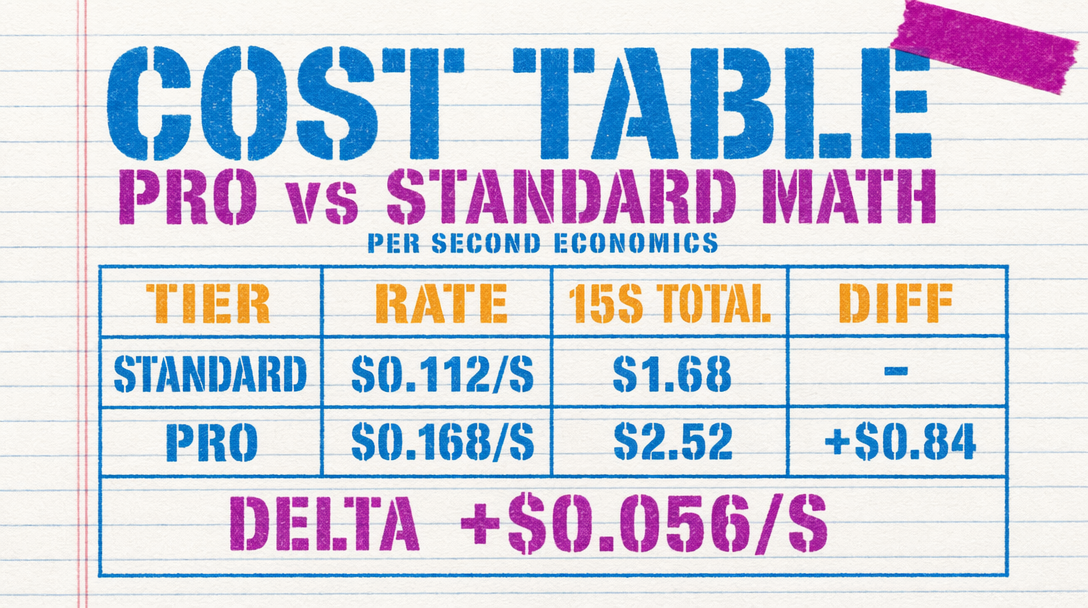 Pro vs Standard cost table