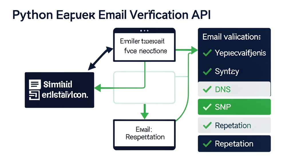 Email verification API pipeline showing Python connecting to verification service with syntax, DNS, SMTP, and reputation checks