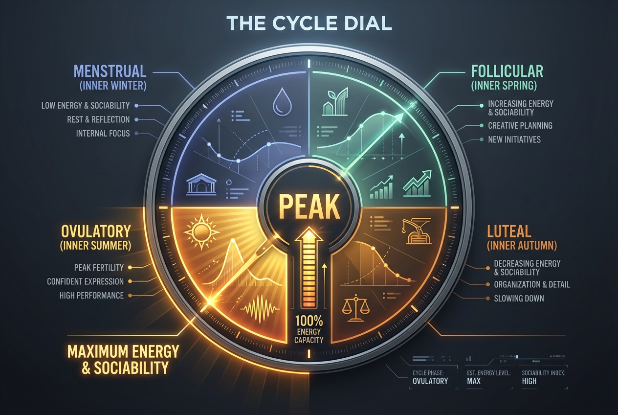 A circular infographic called The Cycle Dial highlighting the Ovulatory phase as the Inner Summer energy peak of the menstrual cycle.