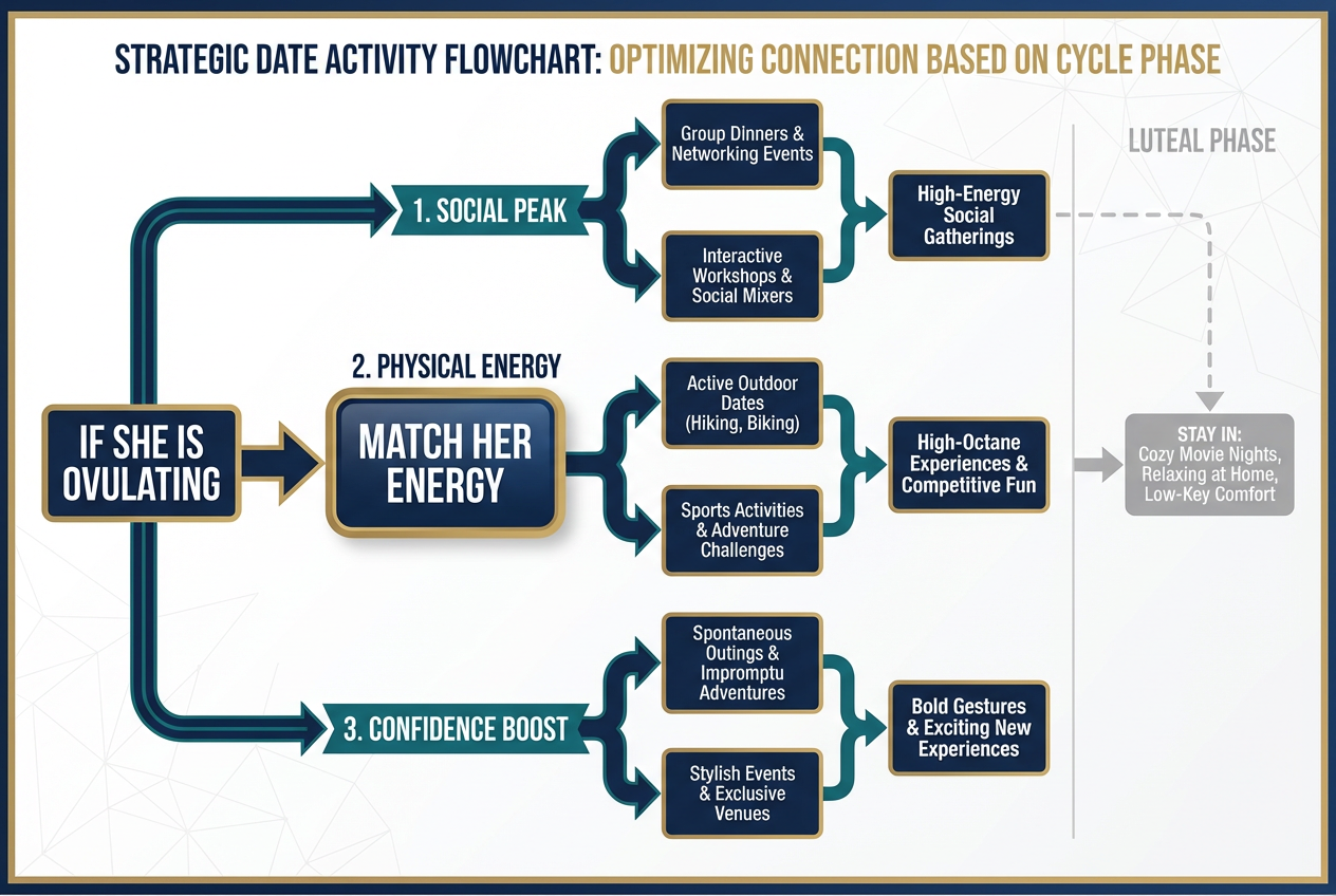 A date night strategy flowchart comparing high-energy ovulation activities like group dinners to low-energy luteal phase activities.