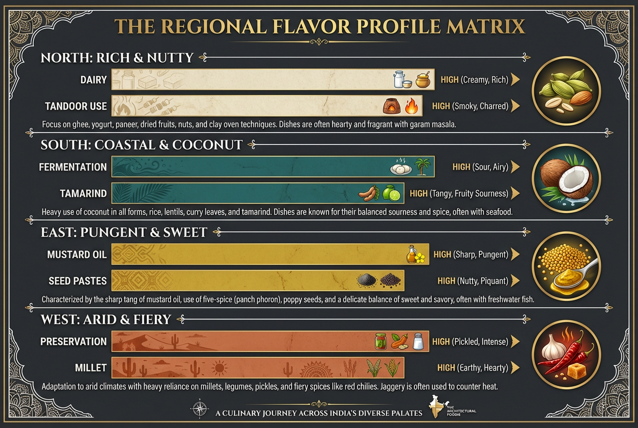 An infographic matrix showing regional Indian flavor profiles, highlighting North, South, East, and West flavor characteristics and ingredients.