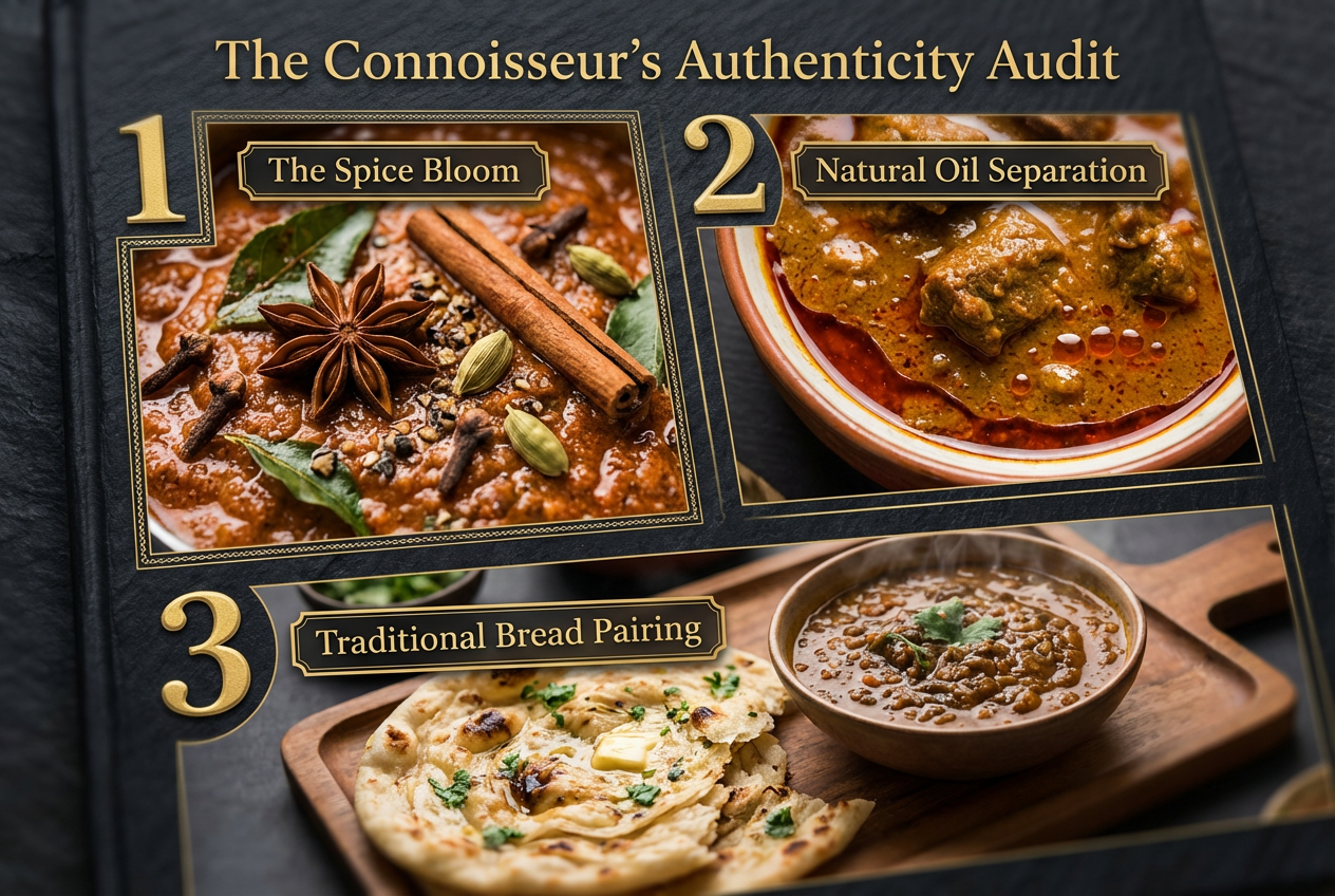 A technical authenticity checklist for Indian food showing spice blooming, oil separation, and traditional bread pairing indicators for quality.