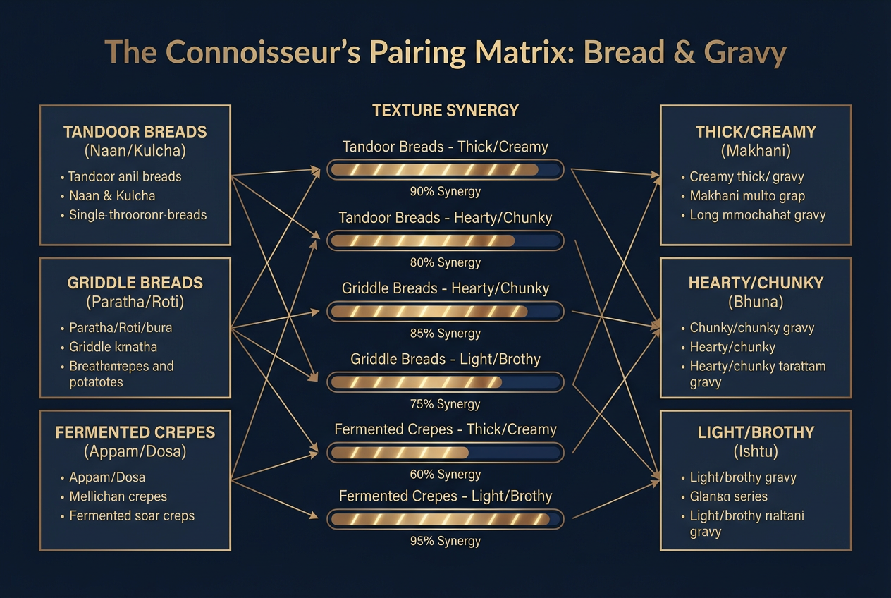 A professional pairing matrix connecting traditional Indian breads like Naan and Appam to specific gravy textures for the perfect dining experience.