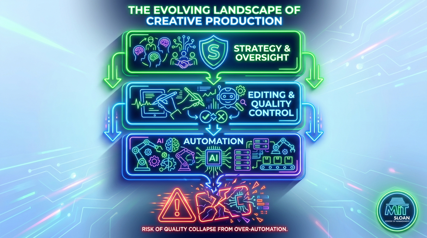 Symmetrical neon-glow infographic with three glossy cards on a gradient background, depicting strategy, editing, and automation themes.