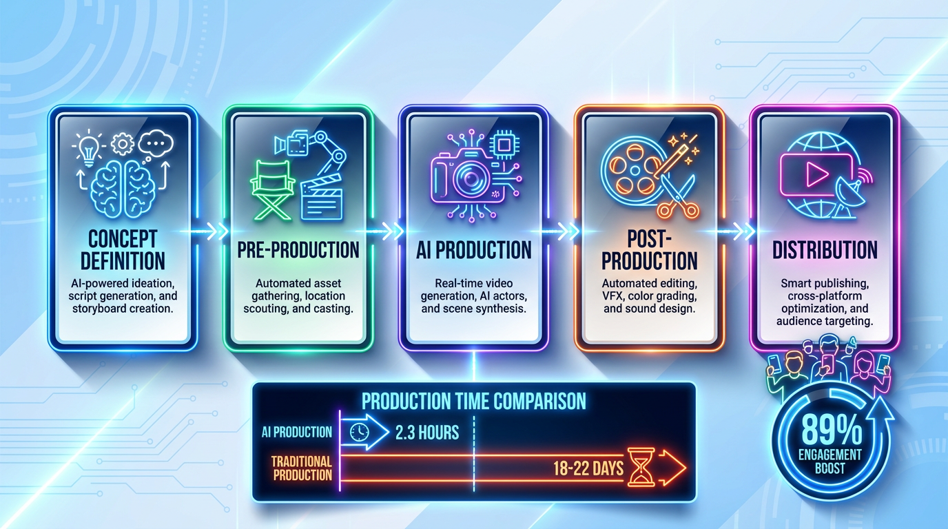 High-contrast neon-glow infographic showing an AI-driven video production pipeline with vibrant icons and a comparative bar chart.