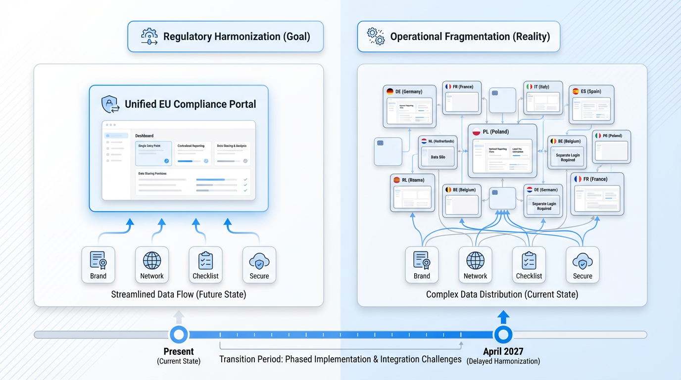 Modern SaaS infographic showing a unified EU compliance portal on the left and 27 member state portals on the right, illustrating regulatory goals and fragme…