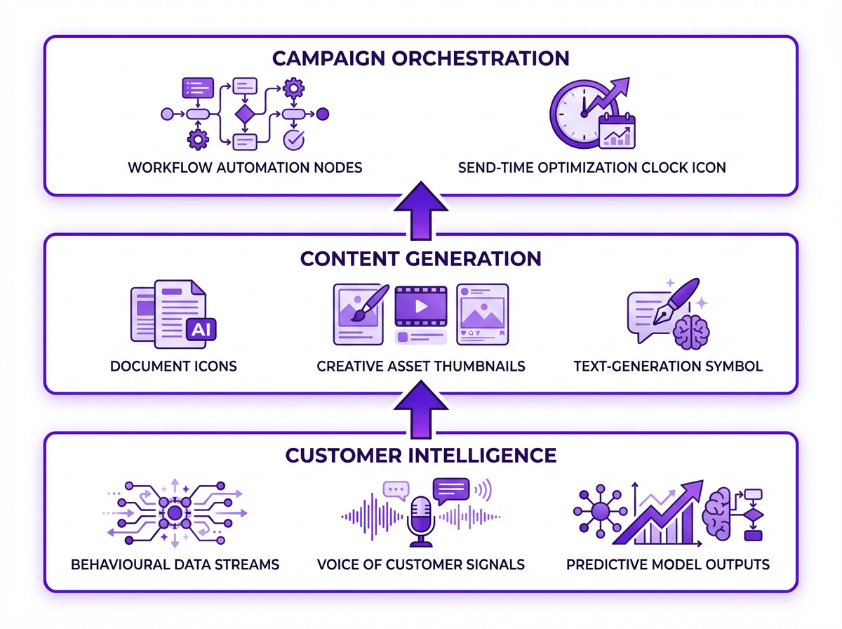 Generative AI marketing capability stack diagram showing customer intelligence, content generation, and campaign orchestration layers