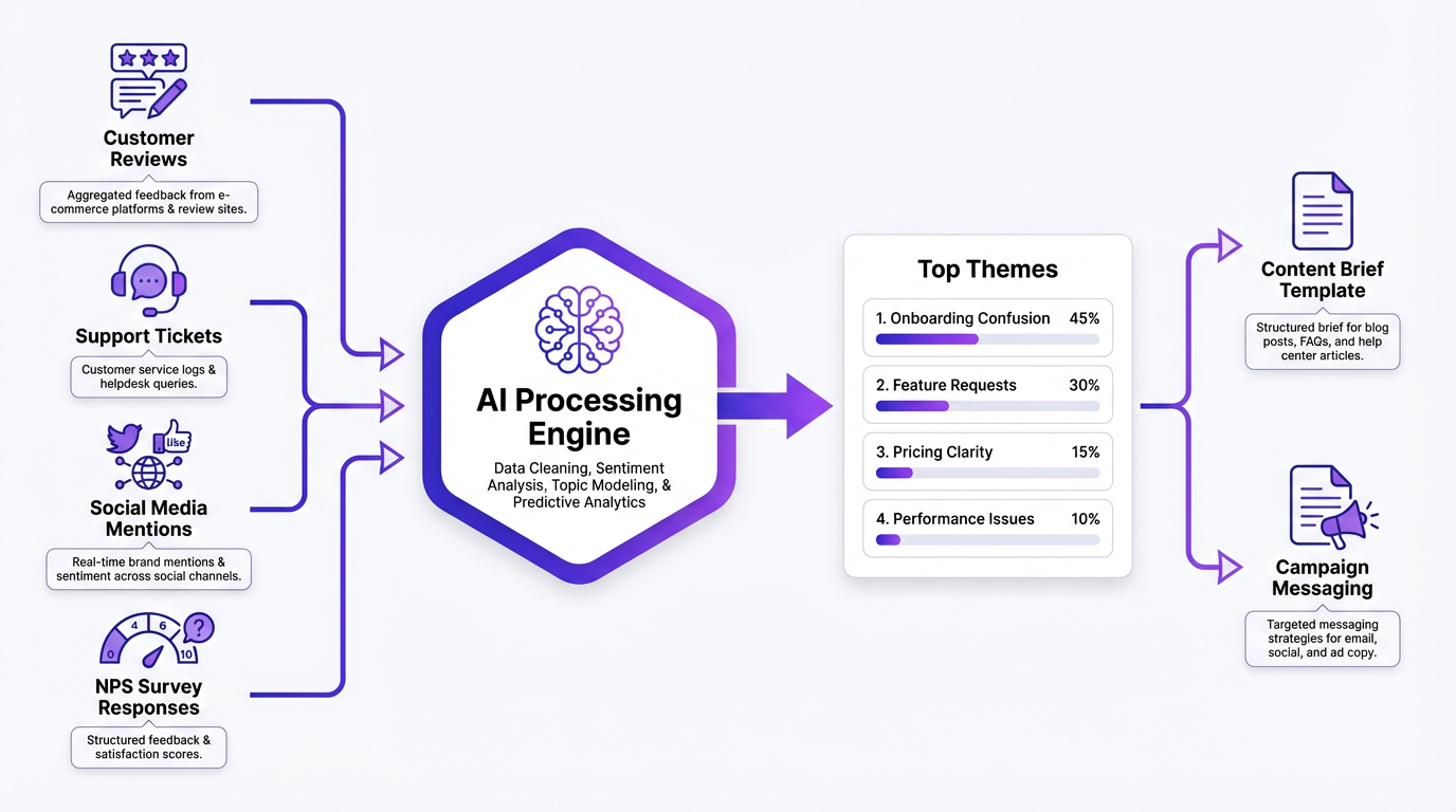 Voice of customer VoC analytics with AI workflow diagram from data sources to campaign messaging