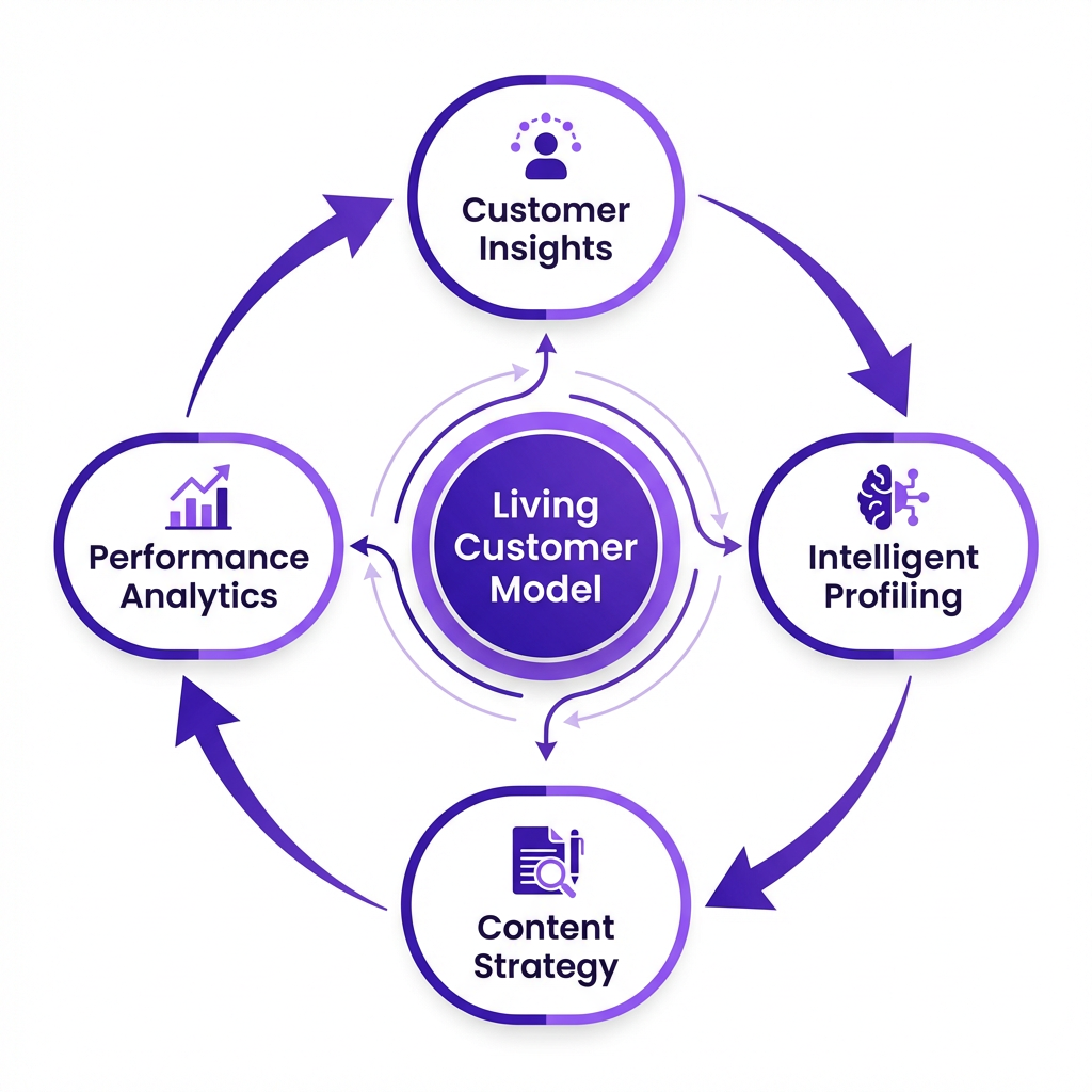 AI marketing integrated workflow loop showing insights profiling content and analytics cycle