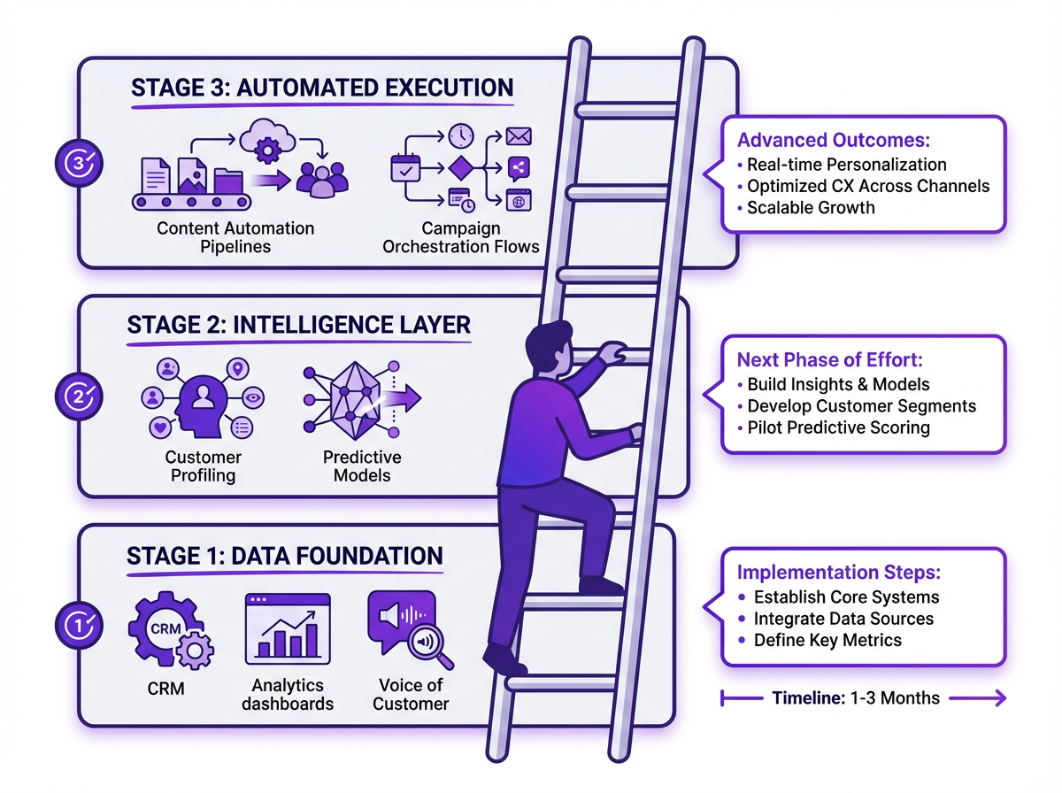 AI marketing adoption maturity ladder showing three stages from data foundation to automated execution