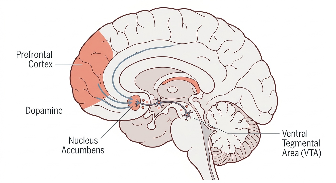 Diagram of the human brain reward pathway showing VTA and nucleus accumbens