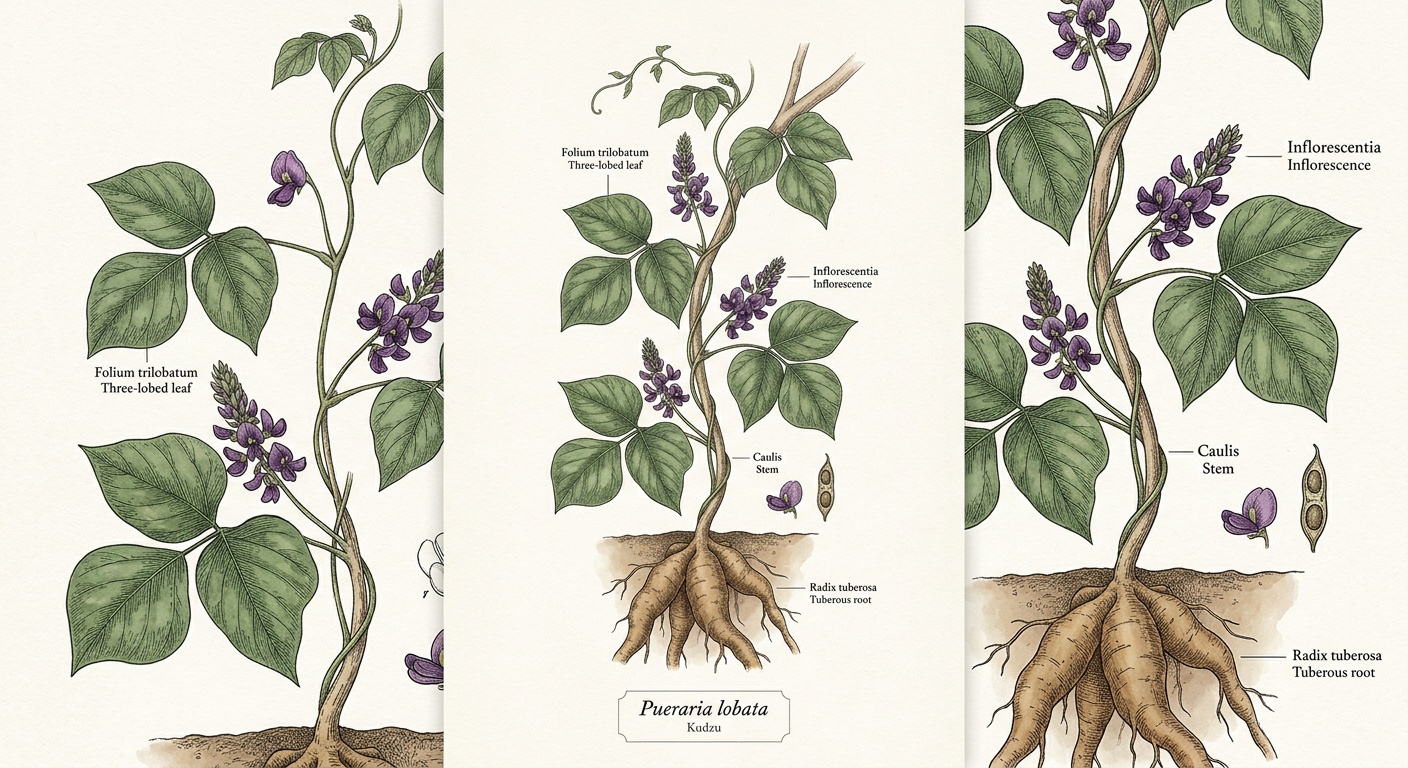 Botanical illustration of Pueraria lobata (kudzu) showing root, vine, leaves, and purple flowers