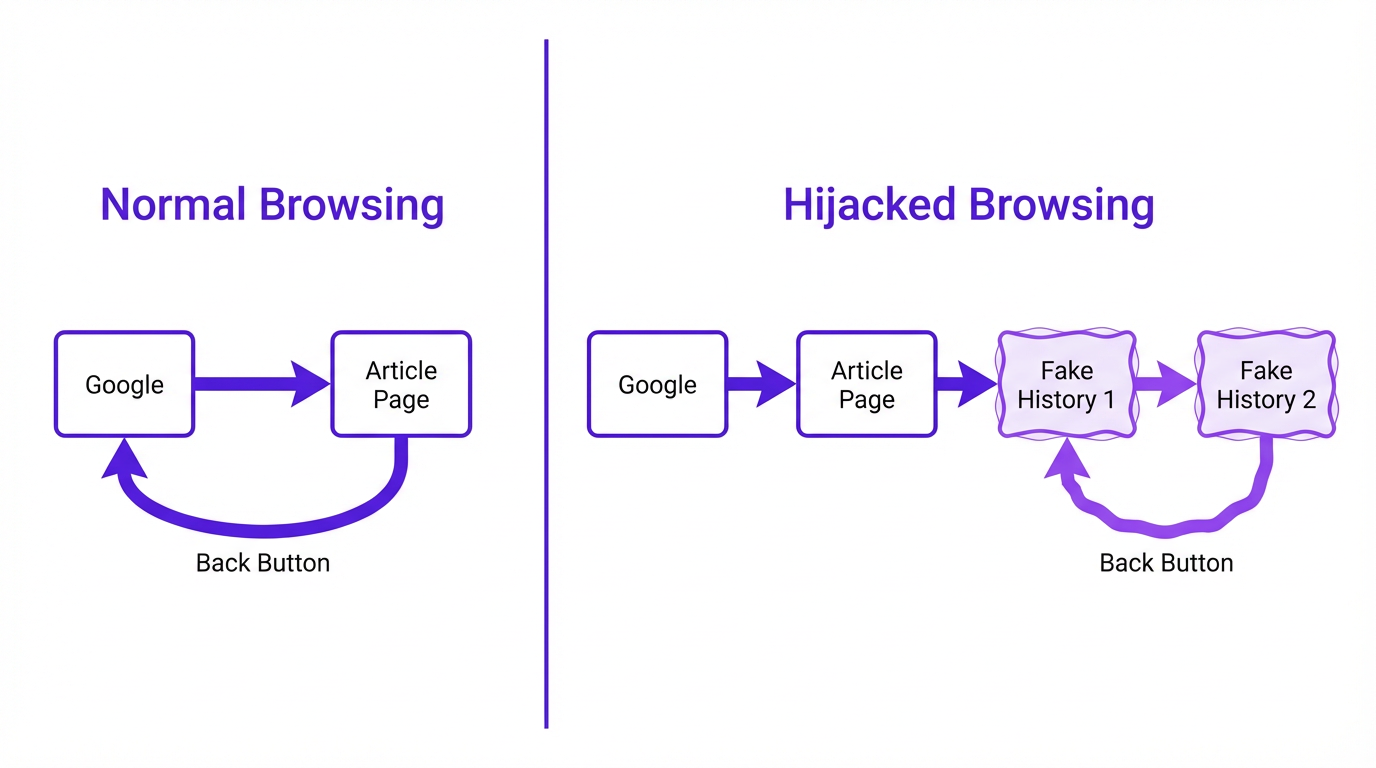 A diagram explaining how back button hijacking works by manipulating browser history.