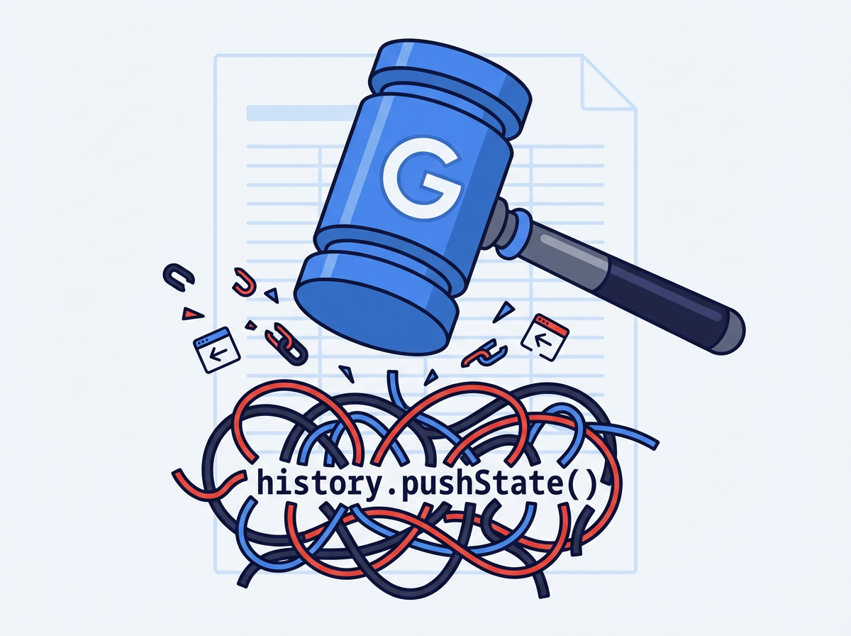 An illustration of Google's policy gavel cracking down on back button hijacking code.