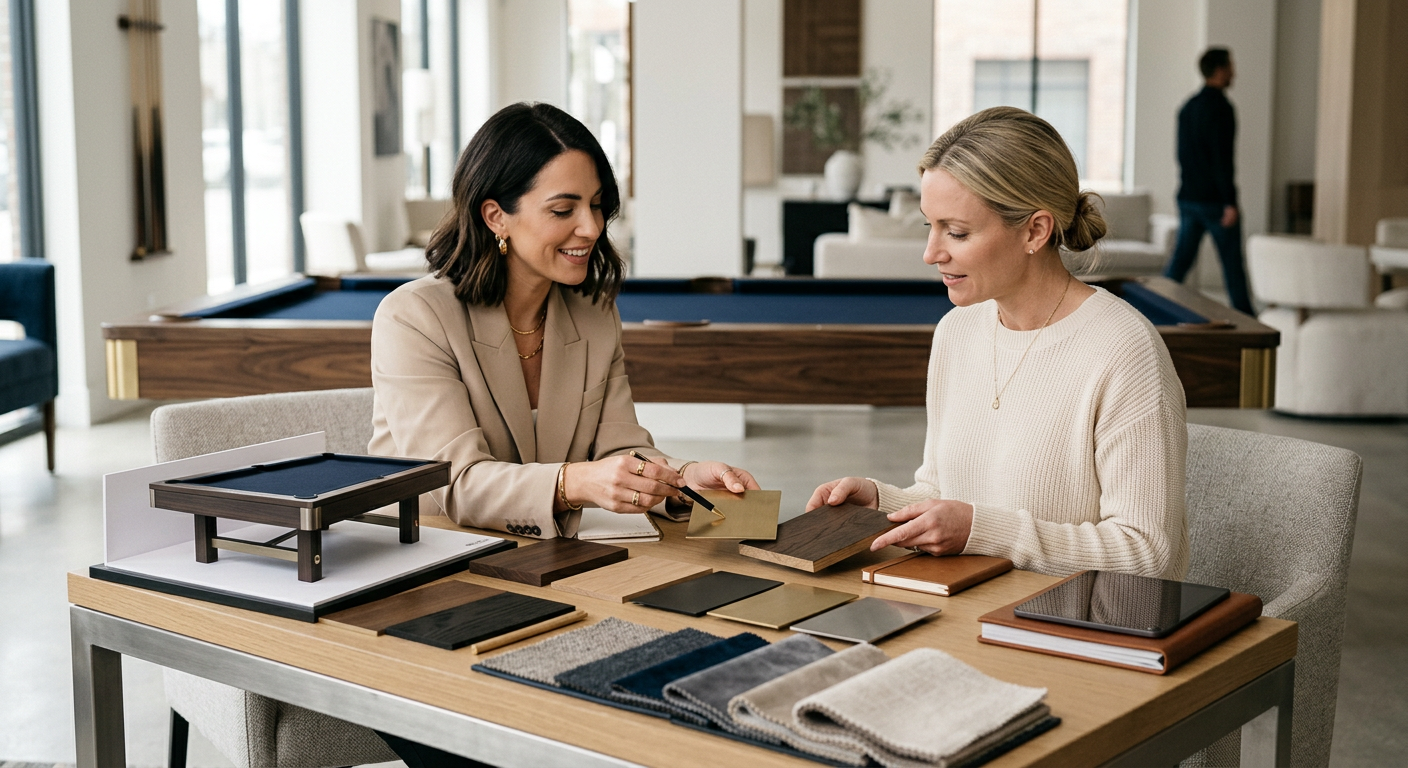 interior designer and homeowner reviewing custom wood, metal, and fabric samples beside a luxury pool table concept, moder...