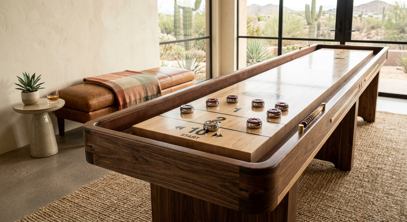 Close-up photorealistic interior shot of a premium shuffleboard table surface and handcrafted wood base inside a Scottsdal...
