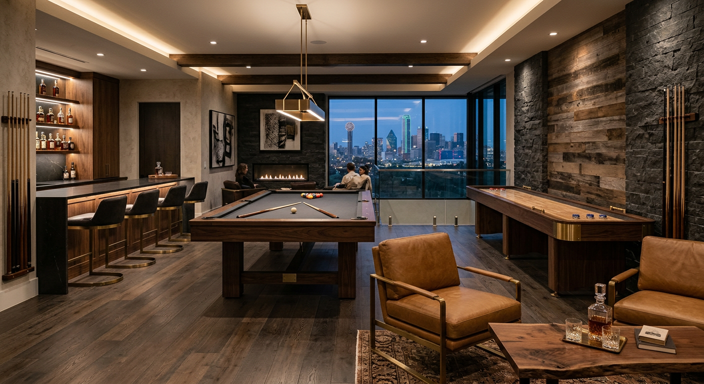 Photorealistic interior scene of a high-end Dallas game room showing a custom pool table, matching shuffleboard, low loung...