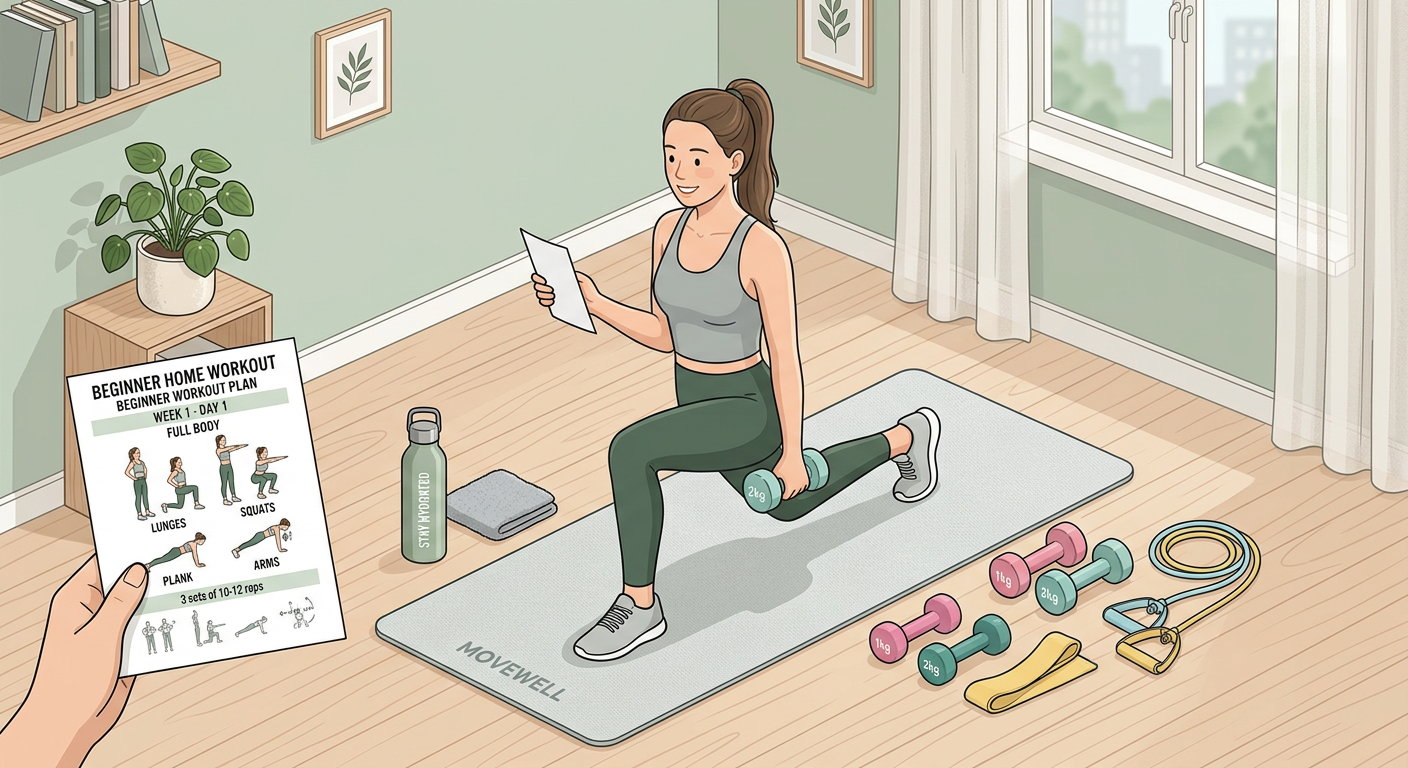 Modern illustration of a simple home workout setup with a yoga mat, dumbbells, resistance bands, water bottle, and a begin...