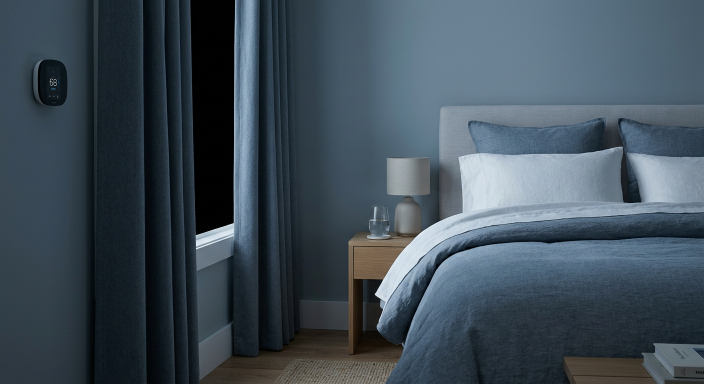 A minimalist, photorealistic bedroom setup showing blackout curtains, a slightly lowered thermostat, a bedside water glass...