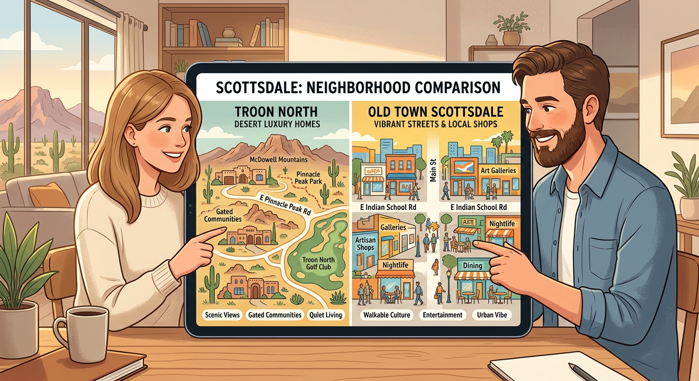 Modern illustrative map-style scene showing a couple comparing two Scottsdale neighborhoods on a tablet, one side with des...