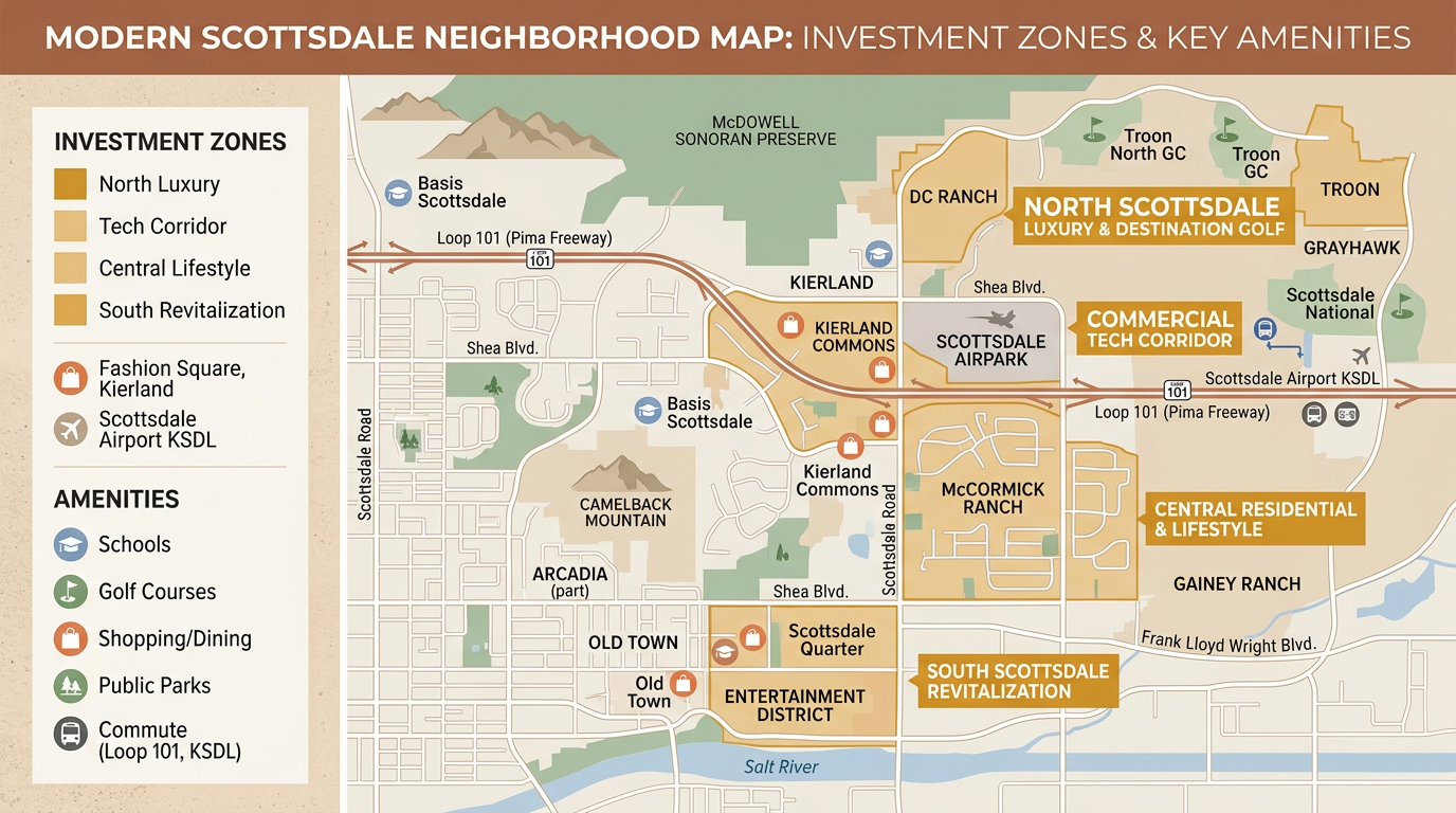 A modern infographic-style neighborhood map of Scottsdale with highlighted investment zones, subtle icons for schools, gol...