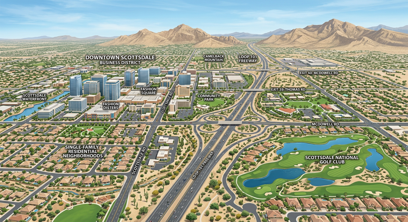 A clean modern aerial illustration-style photo of Scottsdale neighborhoods with a business district, golf course, desert l...