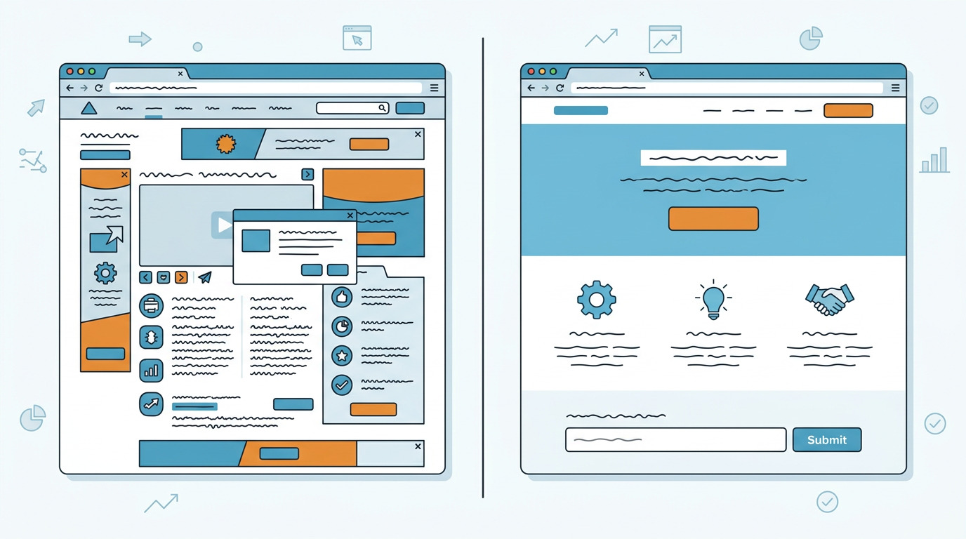 Flat, cartoon-style in-content illustration of a split-screen website page before and after optimization, showing cluttere...