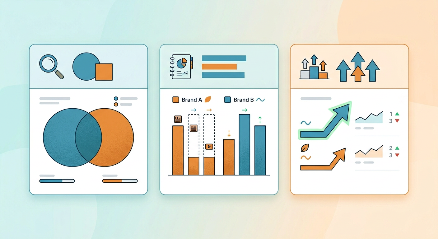 Modern flat illustration of three competing analytics panels side by side, showing keyword overlap, content gaps, and rank...