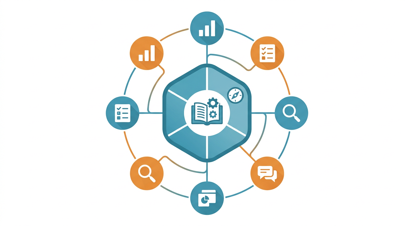 Modern flat illustration of a content cluster map showing one pillar article at the center with multiple supporting blog p...