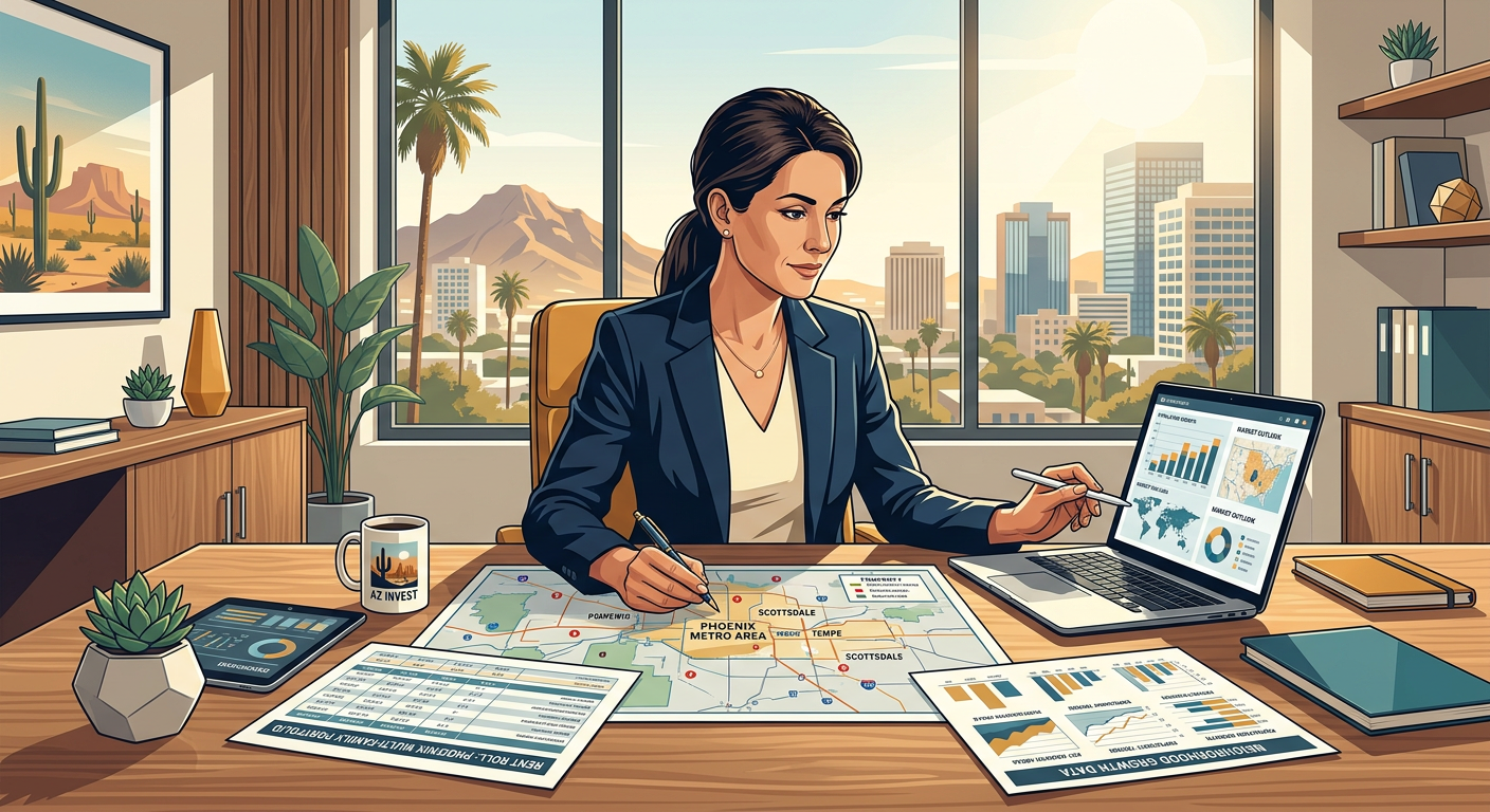 A clean, modern modern-style illustration of a Phoenix investor reviewing property maps, rent rolls, and neighborhood grow...