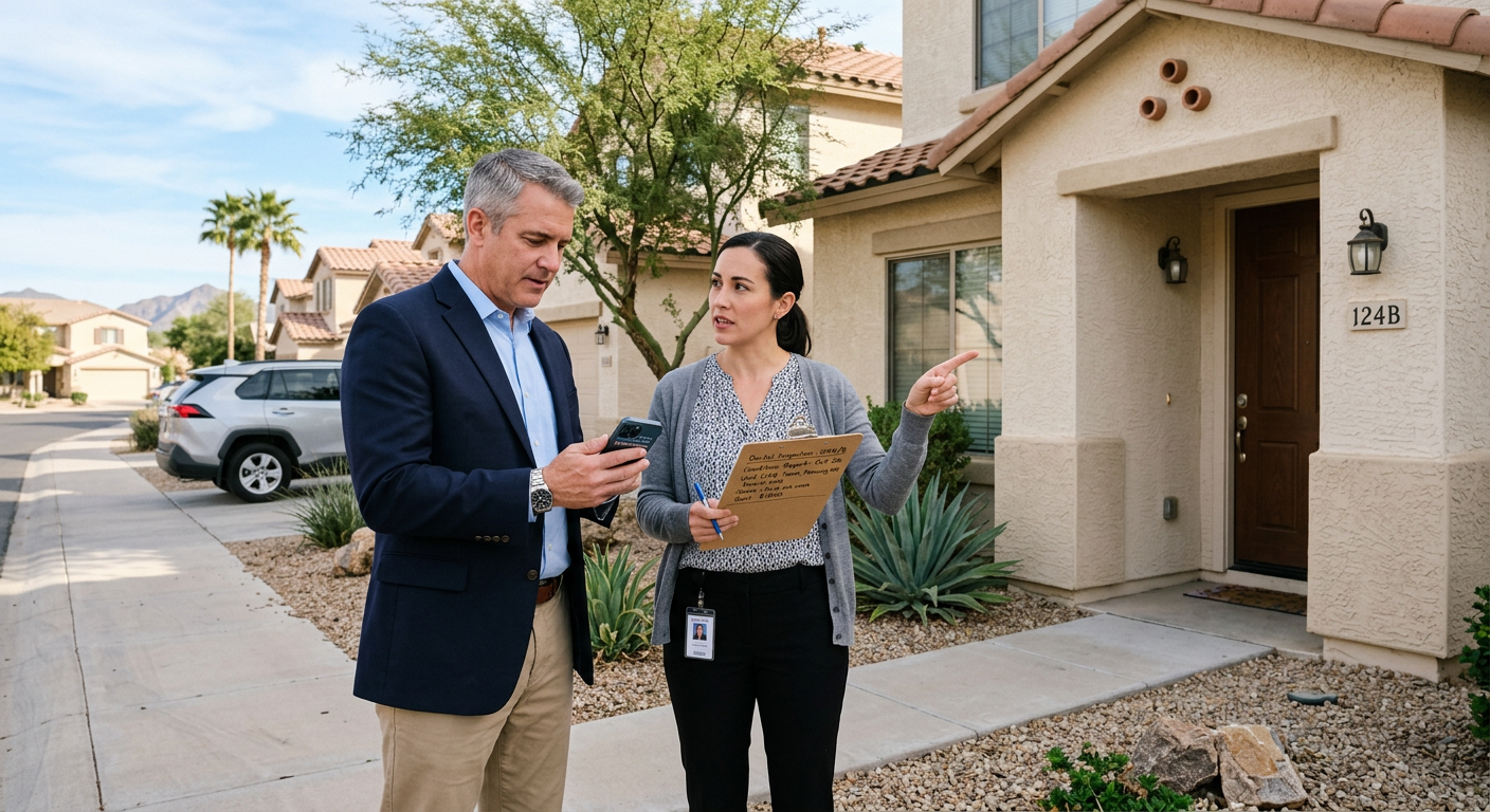 Photorealistic in-content scene of an investor and property manager reviewing a rental home with a clipboard and phone app...