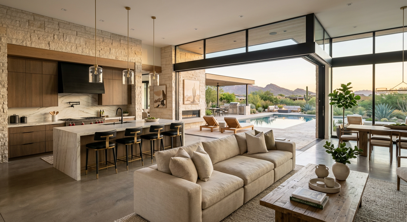 Modern luxury kitchen and great room in a Phoenix high-end home, featuring floor-to-ceiling glass, natural stone finishes,...