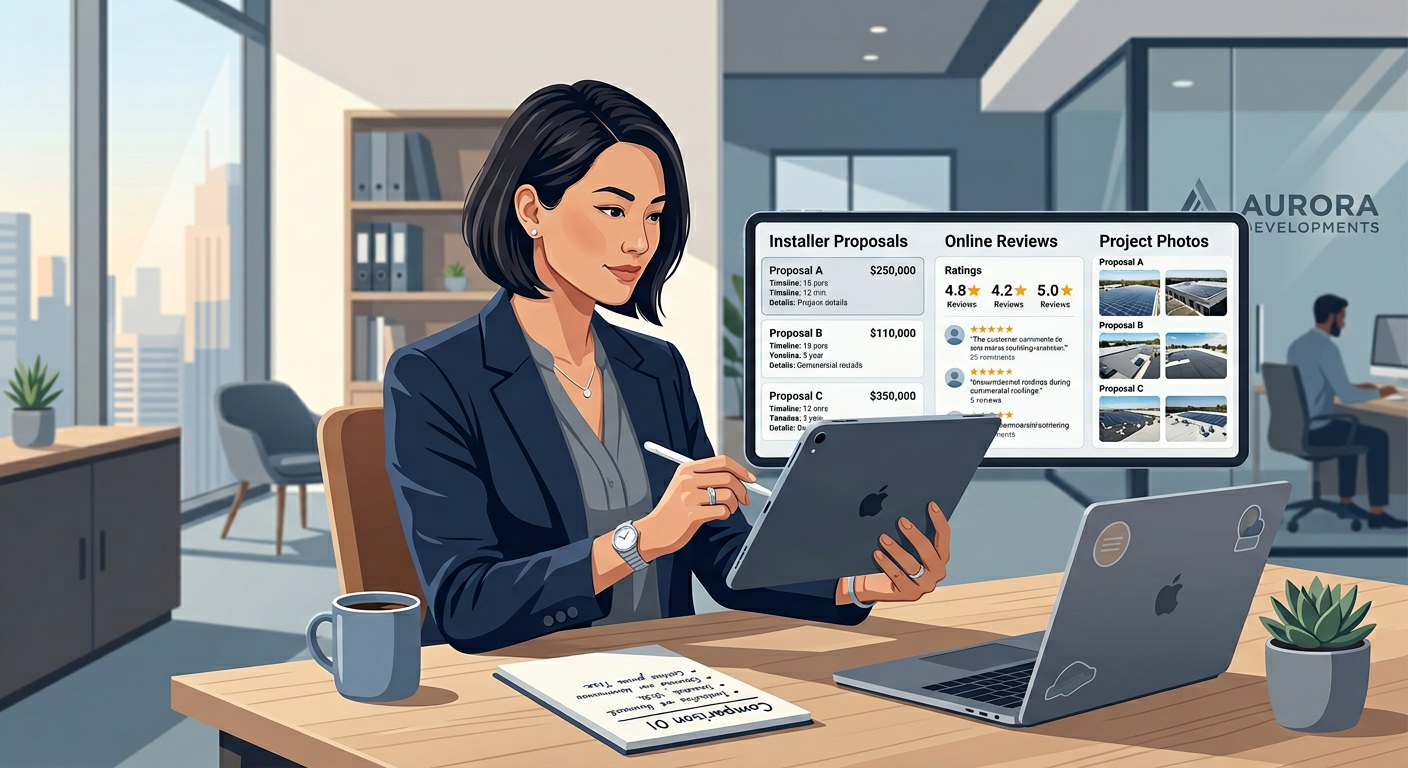 A modern editorial-style illustration of a business owner comparing installer proposals, online reviews, and project photo...