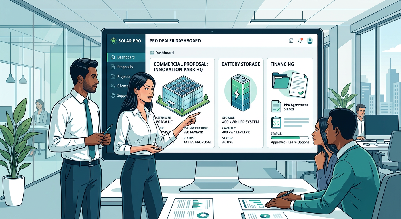 Modern illustrative scene of a solar dealer dashboard concept showing a commercial building proposal, battery storage icon...
