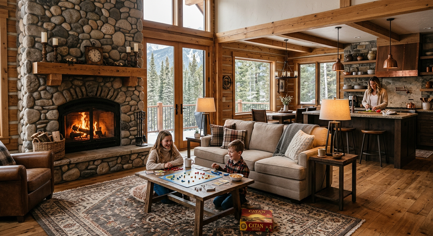 Interior view of a family-friendly mountain cabin living room with a stone fireplace, open kitchen, soft neutral furnishin...