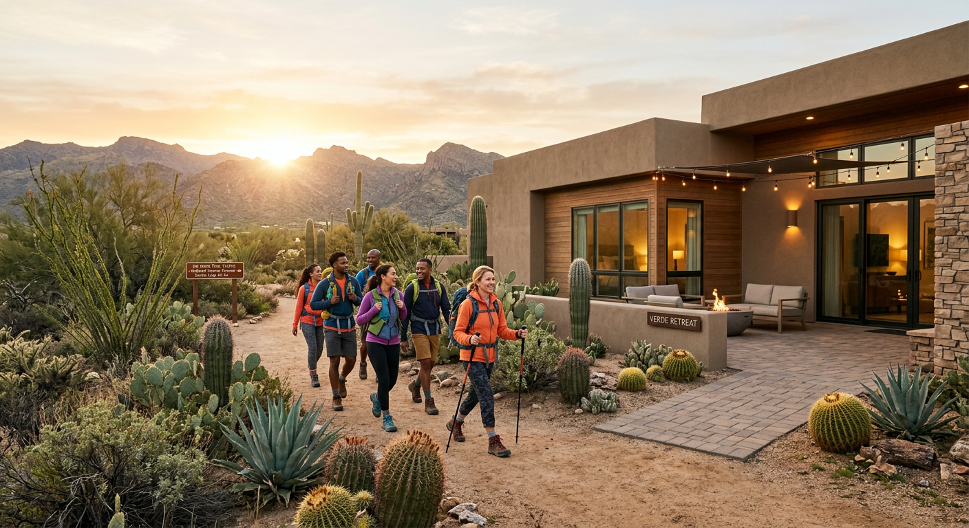 A modern desert lifestyle scene with hikers leaving a stylish vacation home in Rio Verde at sunrise, photorealistic style,...
