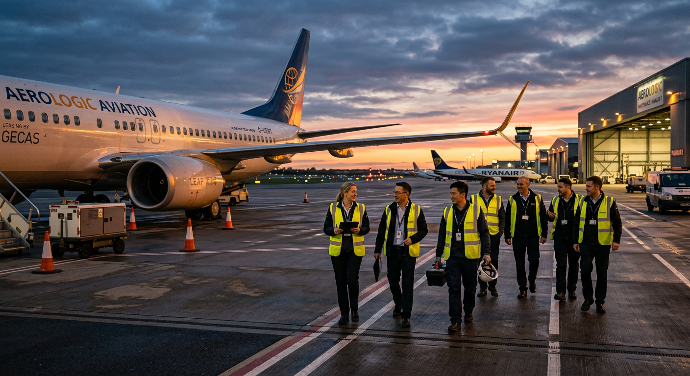 A photorealistic scene of a certified aircraft on the tarmac at dusk with a small team of aviation professionals walking a...