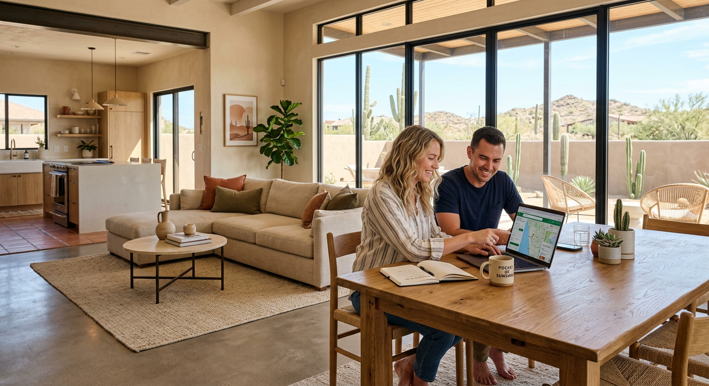 Modern photorealistic interior of a furnished seasonal rental in Phoenix with open living space, neutral desert-inspired d...