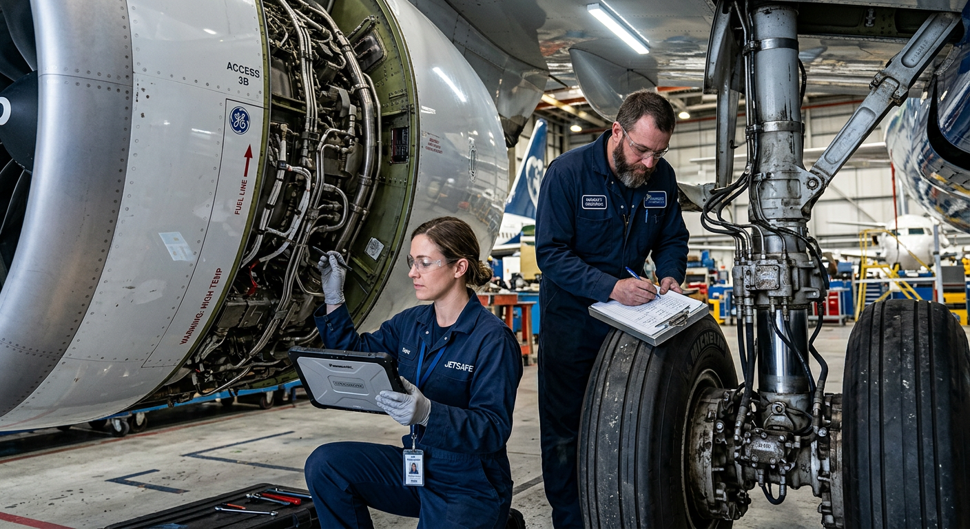 A close-up photorealistic scene inside a hangar showing technicians inspecting an aircraft engine nacelle and landing gear...