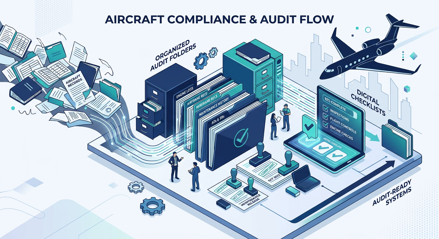 An isometric-style modern illustration of aircraft records flowing into organized audit folders, maintenance stamps, digit...