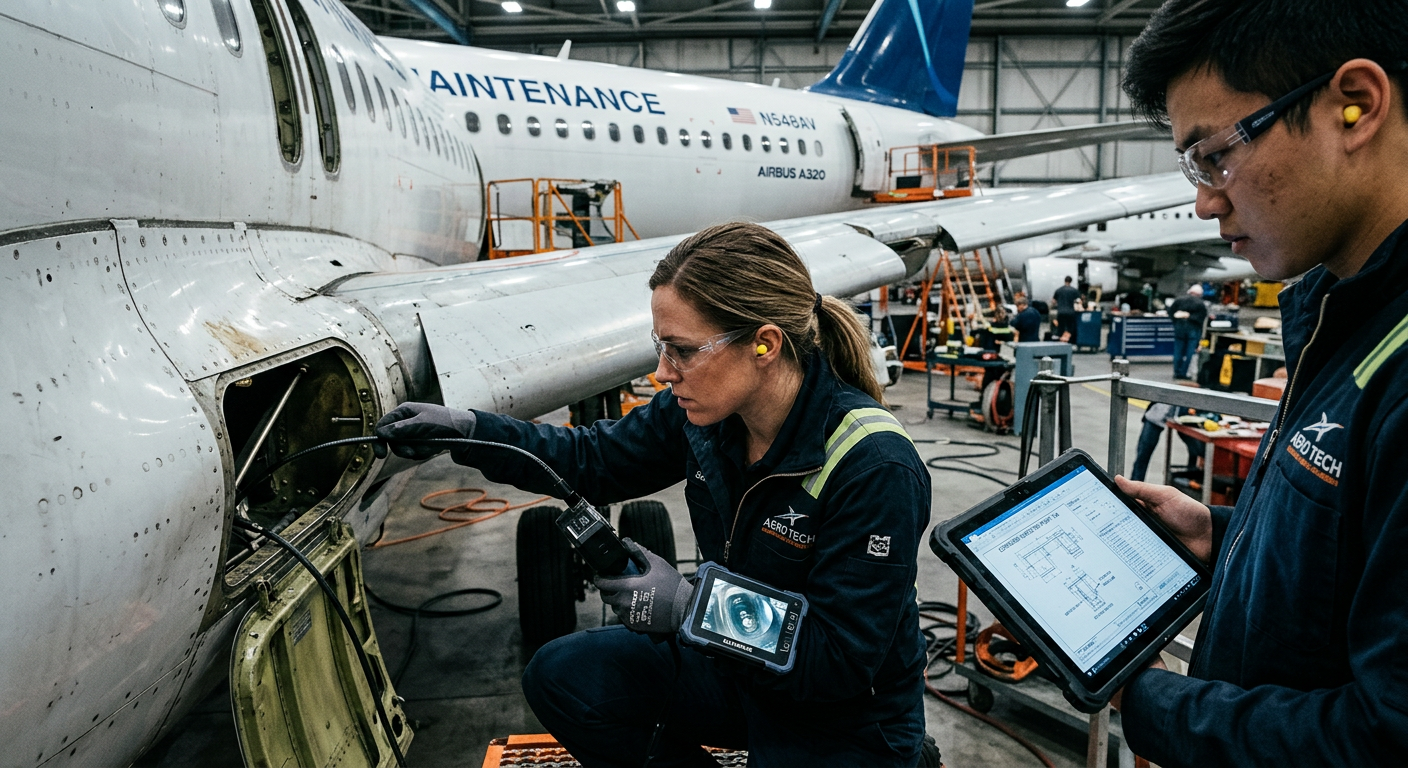 Modern aviation maintenance team examining corrosion-prone structural areas inside a hangar, one technician using a boresc...
