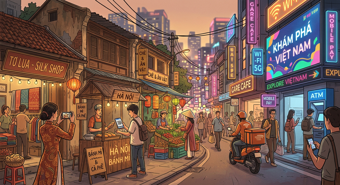 A modern editorial-style illustration of a local street scene where traditional clothing, handwritten shop signs, food sta...